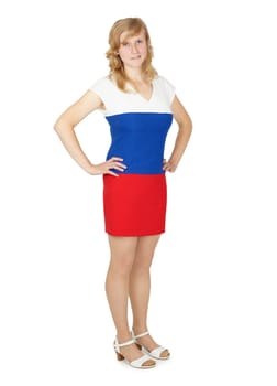 A woman in a dress the color Russian flag isolated on white background