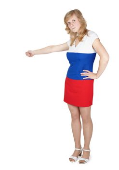 Woman in clothing color Russian flag kicks gesture isolated on white background
