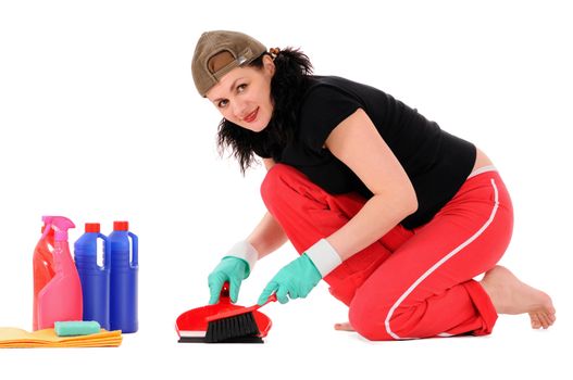 The woman makes cleaning isolated on white background