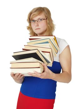 Student holds a lot of textbooks isolated on white background