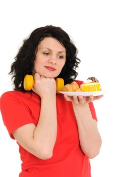 woman with sponge cake on plate isolated on white background