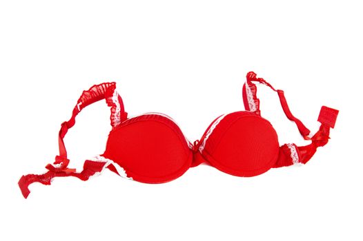 Red lacy bra over white background