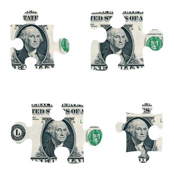 Dollar puzzle pieces isolated in white