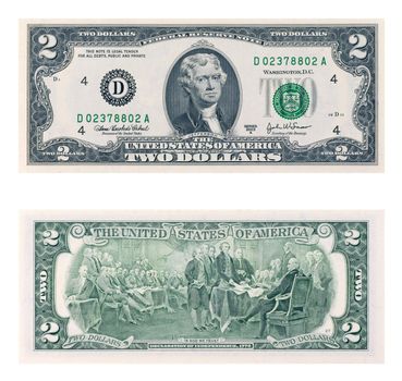 Two dollars bill isolated in white