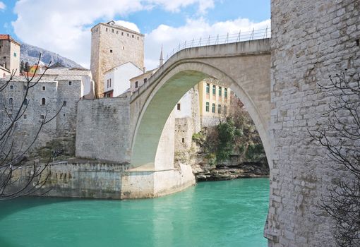 Famous Old Bridge in Mostar on a sunny winter day.