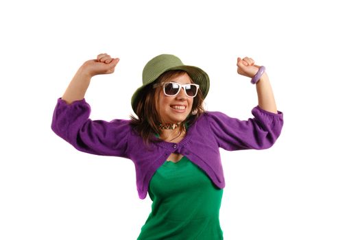 Modern looking young woman wearing hat and sunglasses