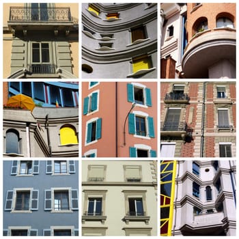Geneva, Switzerland, window's building collage