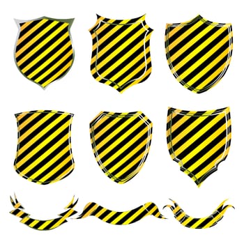 shields and banners with warning stripes over white background