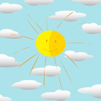 Happy sun icon and clouds background