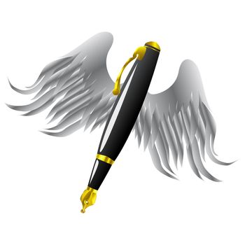 Conceptual image of an ink pen with angel wings