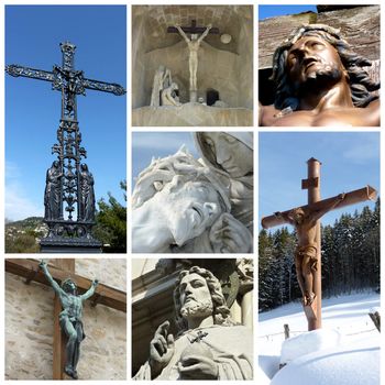Several crosses and statues of Jesus Christ together for a collage