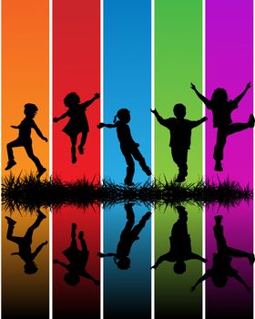 Hand drawn children silhouettes over a rainbow background