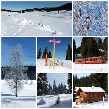 Winter Jura mountain, Switzerland, collage with a wood chalet, a little red train, trees, bird and tir trees