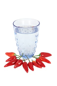 Red hot chilli pepper and glass of water isolated on white