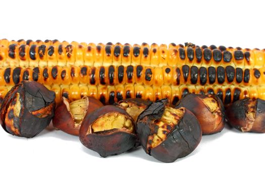 Roasted chestnuts and sweet corn cob isolated on white