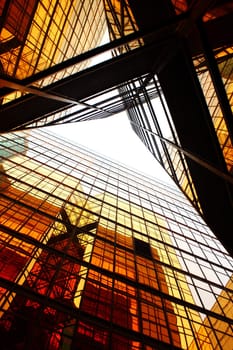 modern glass skyscraper perspective view with brown toned.