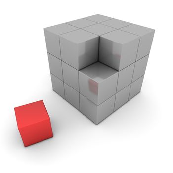 a grey big cube made of 3x3x3 boxes - one red piece is aside