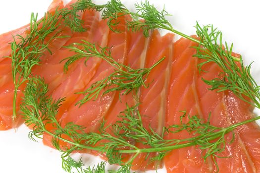 Salmon with fennel, a photo close up on a white background.