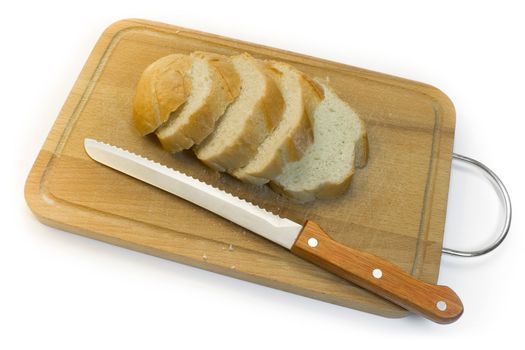 Bread chopping board and knife, a photo close up on a white background.