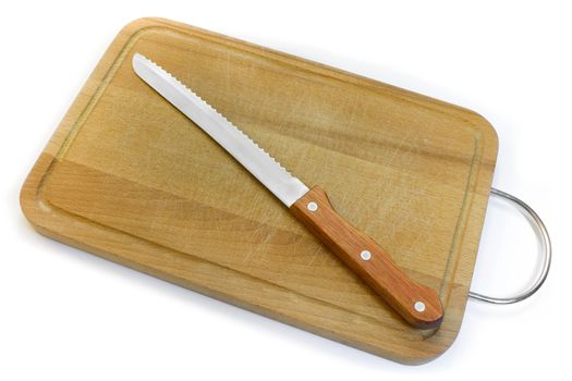 Chopping board and knife for bread, a photo close up on a white background.