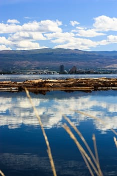 lake, mountain and small town view in a sunny day