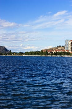 lakeshore and town view in a sunny day