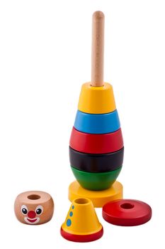 Baby wooden stacking clown isolated on white background. Disassembled