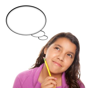 Hispanic Teen Aged with Pencil and Blank Thought Bubble Isolated on a White Background - Contains Clipping Paths.