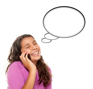 Hispanic Teen Aged Girl on Cell Phone with Blank Thought Bubble Isolated on a White Background - Contains Clipping Paths.