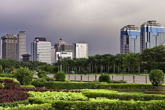 City view skyline in Jakarta before a storm