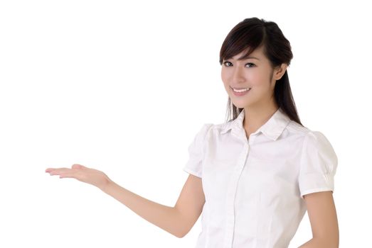 Business woman showing with hand on white space.