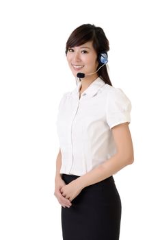 Asian customer service portrait with smiling expression against white background.