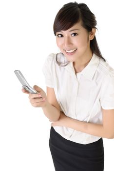 Happy business woman using cellphone with copyspace on white.