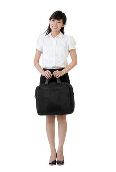 Full length portrait of Asian business woman with briefcase isolated on white.