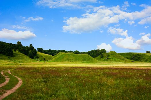 hills, green grass, blue sky, spring