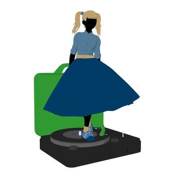 50's girl on a record player silhouette on a white background