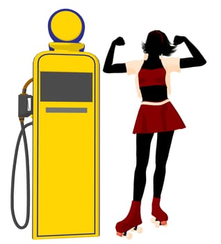 Girl on roller skates standing near a gas pump silhouette on a white background