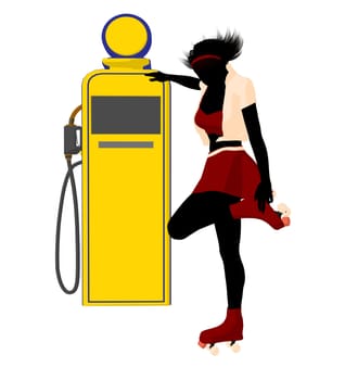 Girl on roller skates standing near a gas pump silhouette on a white background