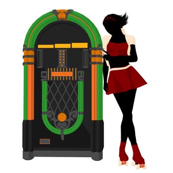 Girl on roller skates standing near a jukebox silhouette on a white background