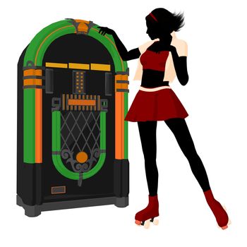 Girl on roller skates standing near a jukebox silhouette on a white background