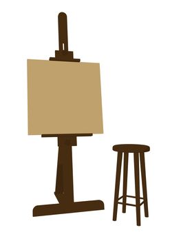Blank canvas on an artist easel with a stool on a white background