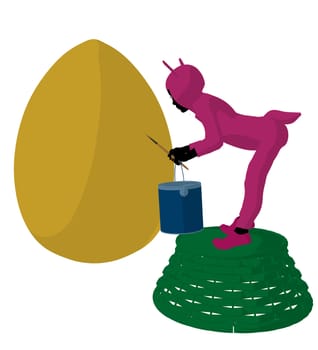 Little kid dressed in a bunny suit on an easter basket holding a paint bucket on a white background