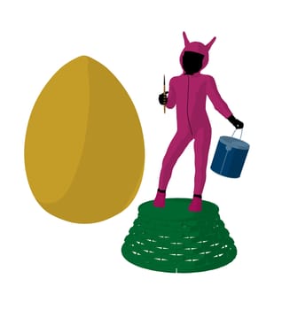 Little kid dressed in a bunny suit on an easter basket holding a paint bucket on a white background