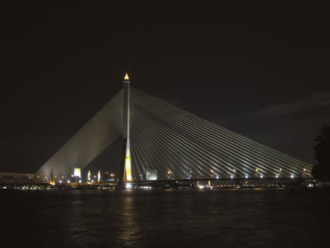 The Rama VIII Bridge in Bangkok, Thailand.  The cable-stayed bridge is 2,45 km long and spans the Chao Phraya River. Editorial use only. Not for commercially use.