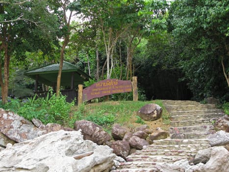 The entrance of Ko Ngai Marine National Park at the island Ko Ngai, located in the Andaman Sea. Ko Ngai is part of Trang province in Thailand.