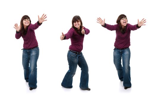 collage of three diferent happy girl body expressions isolated on white background