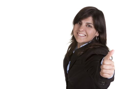 young beautiful businesswoman with thumbs up isolated on white background