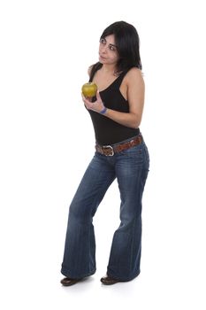 young woman holding green apple in the hand - isolated on white background