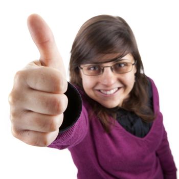 young woman with thumbs up isolated on white background