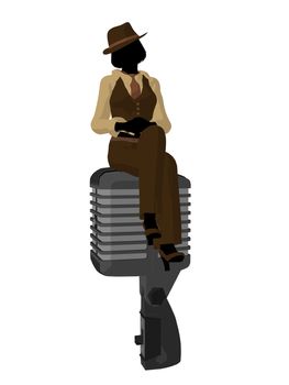 Female jazz musician on a microphone on a white background